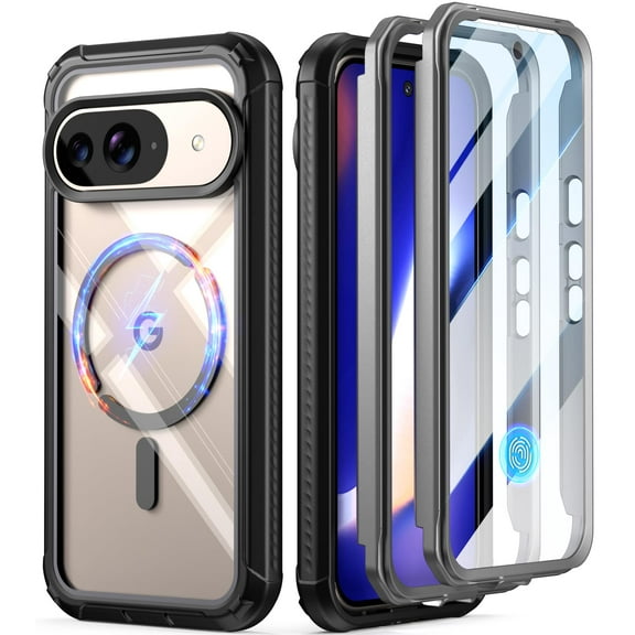 Poetic Guardian MagPro Case for Google Pixel 10/10 Pro 5G, [Compatible with MagSafe & Fingerprint ID], [2 Front Frame] Full-Body Shockproof Clear Cover with Built-in Screen Protector, Black/Clear