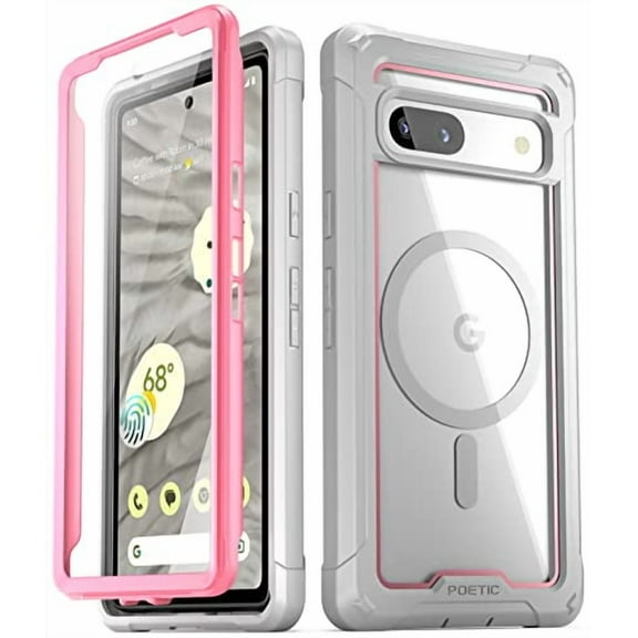 Poetic Guardian MagPro Case for Google Pixel 7A 5G, [Compatible with MagSafe][20 FT Mil-Grade Drop Tested], Built-in Screen Protector Work with Fingerprint ID, Full Body Hybrid Rugged Case, Pink/Clear