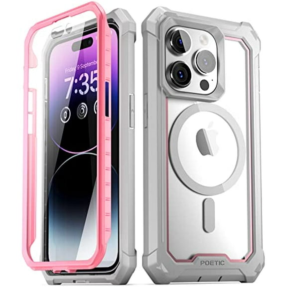 Poetic Guardian MagPro Case for iPhone 14 Pro 6.1 Inch,[Compatible with MagSafe][20 FT Mil-Grade Drop Tested] Full-Body Shockproof Rugged Clear Cover with Built-in Screen Protector, Pink/Clear