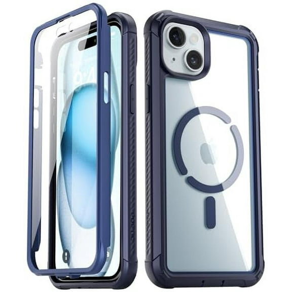 Poetic Guardian MagPro Case for iPhone 15 6.1 Inch,[Compatible with MagSafe][20 FT Mil-Grade Drop Tested] Full-Body Shockproof Rugged Clear Cover with Built-in Screen Protector, Blue/Clear