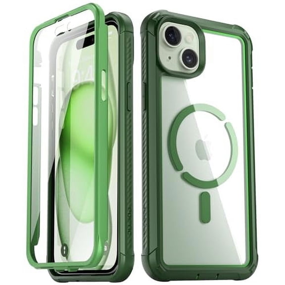 Poetic Guardian MagPro Case for iPhone 15 Plus 6.7 Inch,[Compatible with MagSafe][20 FT Mil-Grade Drop Tested] Full-Body Shockproof Rugged Clear Cover with Built-in Screen Protector, Green/Clear