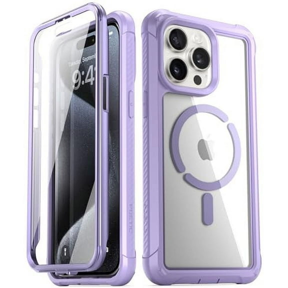 Poetic Guardian MagPro Case for iPhone 15 Pro Max 6.7 Inch,[Compatible with MagSafe][20 FT Mil-Grade Drop Tested] Full-Body Shockproof Rugged Clear Cover with Built-in Screen Protector, Purple/Clear