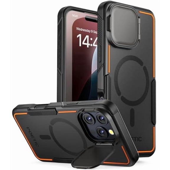 Poetic Neon Case for iPhone 16 Pro, [Built-in Camera Cover Kickstand] [Compatible with MagSafe], Black