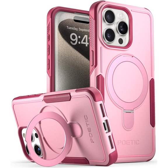 Poetic Neon MagPro Case Designed for iPhone 15 Pro 5G 6.1 inch,[Compatible with MagSafe] Dual Layer Heavy Duty Tough Rugged Shockproof Protective 2023 New Cover, Magnetic Ring Stand, Pink