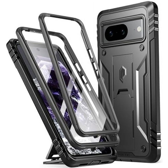 Poetic Revolution Case for Google Pixel 8 5G 6.2 inch, [20FT Mil-Grade Drop Tested], Full-Body Rugged Shockproof Cover with Kickstand and Built-in-Screen Protector, Black
