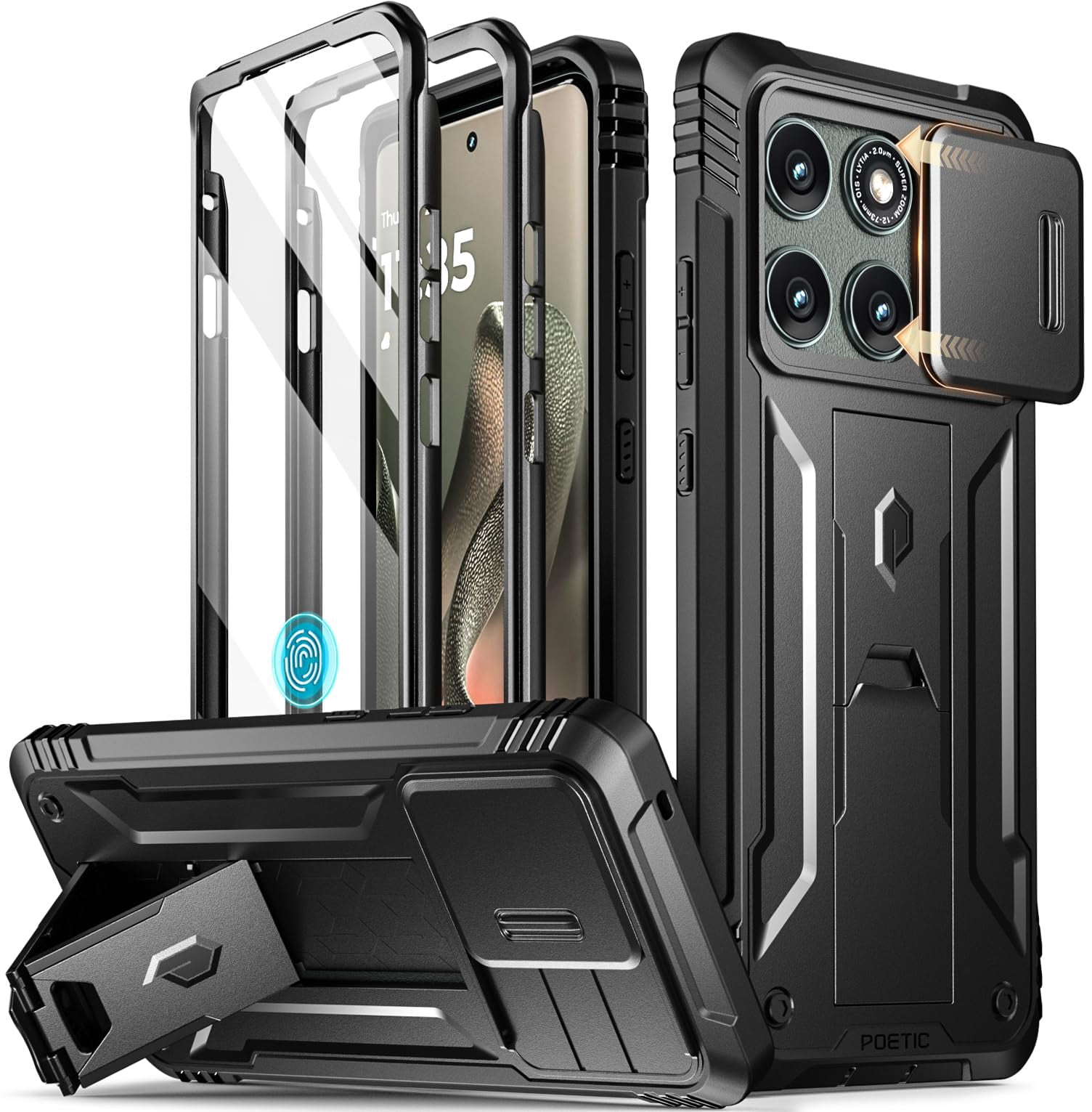 Poetic Revolution Case for Moto Edge 2025 [Not for 2024 Version], [Slide Camera Cover], Full-Body Military Grade Case with Kickstand and Built-in-Screen Protector, Black