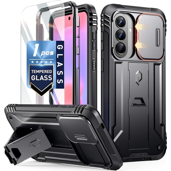 Poetic Revolution Case for Samsung Galaxy A37, | Slide Camera Cover | Tempered Glass Screen Protector | 20FT Mil-Grade Drop Tested | Full-Body Rugged Dual-Layer Shockproof Cover with Kickstand, Black