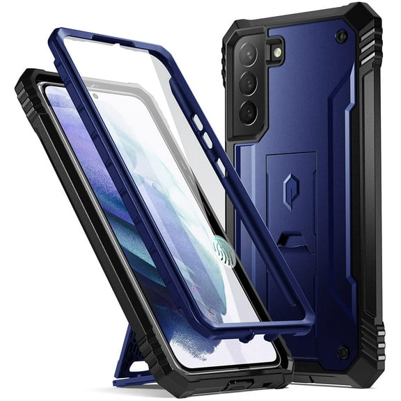 Poetic Revolution Case for Samsung Galaxy S22 5G 6.2 inch, Built-in Screen Protector Work with Fingerprint ID, Full Body Rugged Shockproof Protective Cover Case with Kickstand, Navy Blue