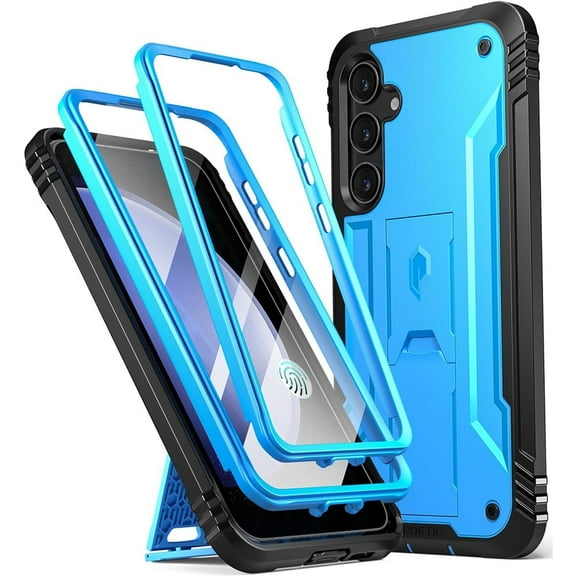 Poetic Revolution Case for Samsung Galaxy S23 FE 5G, Built-in Screen Protector 【Work with Fingerprint ID】, Full Body Rugged Shockproof Protective Cover Case with Kickstand [Update Version], Light Blue