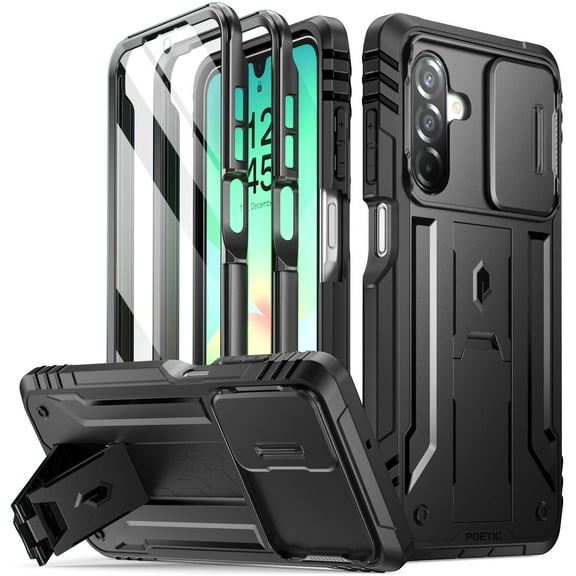 Poetic Revolution Case for Galaxy A26 5G,[Slide Camera Cover], Full-Body Military Grade Case with Kickstand and Built-in-Screen Protector, Black