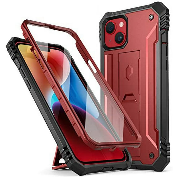 Poetic Revolution Case for iPhone 14, Heavy Duty Full Body Cover with Kickstand, Maroon Red