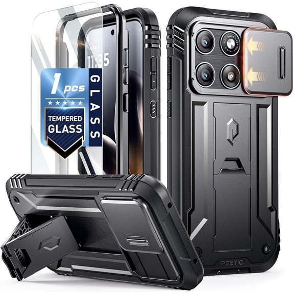 Poetic Revolution for Moto Edge 5G 2026 Case, | Slide Camera Cover | Tempered Glass Screen Protector | 20FT Mil-Grade Drop Tested | Full-Body Rugged Dual-Layer Shockproof Cover with Kickstand, Black
