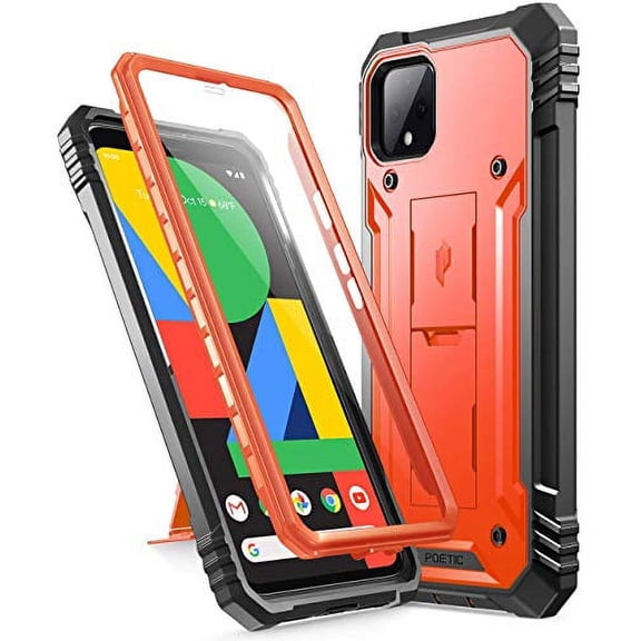 Poetic Revolution Series Case Designed for Google Pixel 4 5.7 inch (2019 Release), Full-Body Rugged Dual-Layer Shockproof Protective Cover with Kickstand and Built-in-Screen Protector, Orange