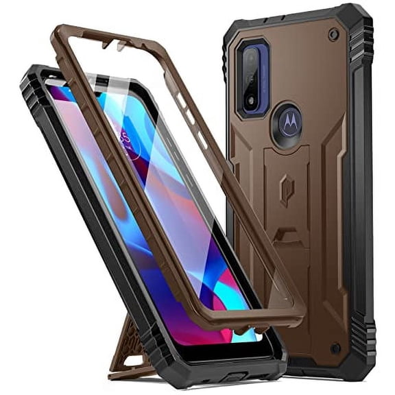 Poetic Revolution Series Case for Moto G Pure 6.5 inch (2021 Release), Full-Body Rugged Dual-Layer Shockproof Protective Cover with Kickstand and Built-in-Screen Protector, Brown
