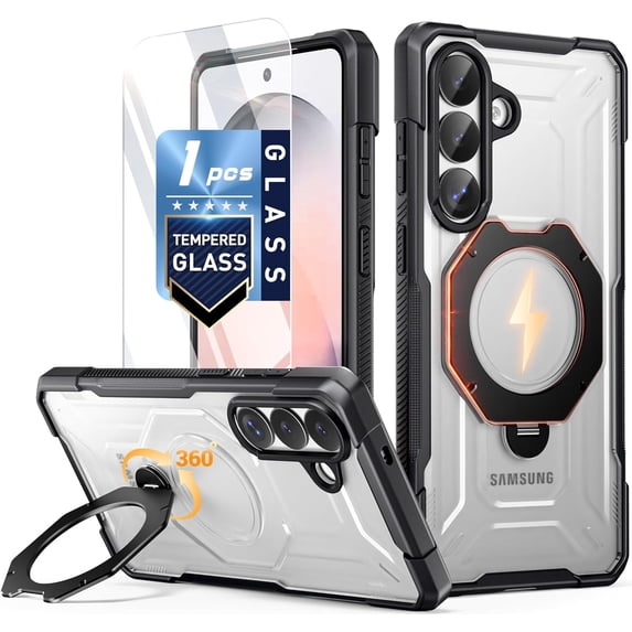 Poetic for Samsung Galaxy S26 Case | 360° Rotate Magnetic Ring Kickstand | Compatible with MagSafe | Military Grade Drop Proof Protection Cover | Tempered Glass Screen Protector | Black/Clear