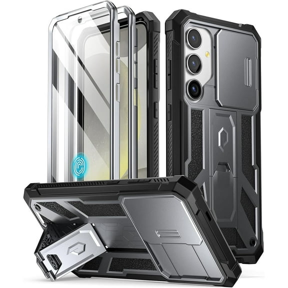 Poetic Spartan Case for Galaxy S24 6.2", [Slide Camera Cover] [Screen Protector Works with Fingerprint ID] Military Grade Rugged Shockproof S24 Phone Case with Kickstand, Metallic Gun Metal
