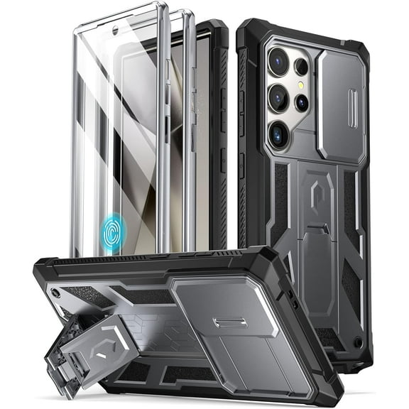 Poetic Spartan Case for Galaxy S24 Ultra 6.8", [Slide Camera Cover] [Screen Protector Works with Fingerprint ID]Military Grade Rugged Shockproof S24 Ultra Phone Case with Kickstand, Metallic Gun Metal