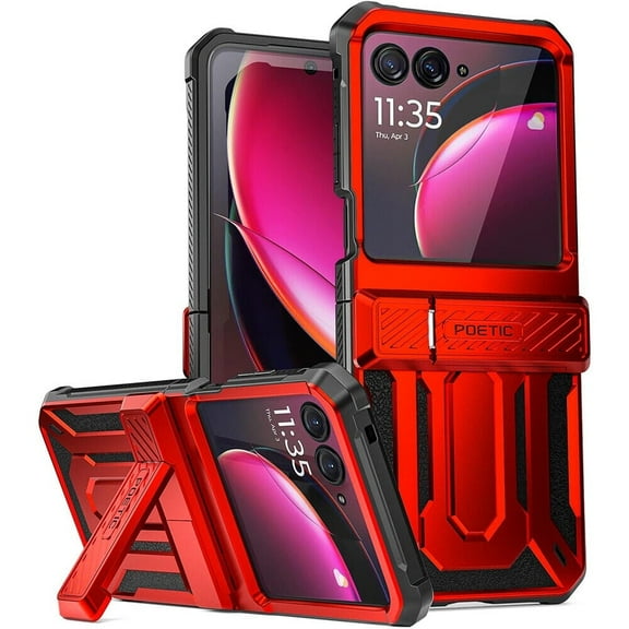 Poetic Spartan Case for Motorola Moto Razr + Plus 2023,[Kickstand][Hinge Protection][20FT Mil-Grade Drop Tested], Full-Body Rugged Shockproof Protective Cover with Kickstand, Metallic Red