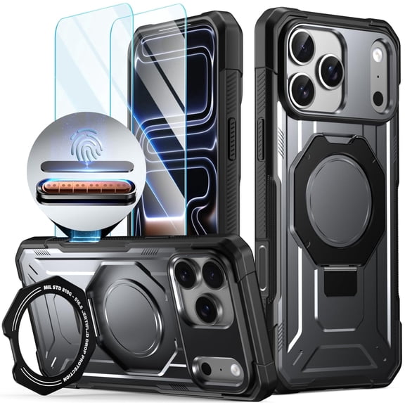 Poetic Spartan Case with Ring Stand for iPhone 17 Pro Max,[Camera Control Button][2 Tempered Glass Screen Protector][Magsafe Compatible] Rugged ShockProof Protective Cover, Metallic Gun Metal