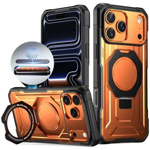 Poetic Spartan Case with Ring Stand for iPhone 17 Pro Max,[Camera Control Button][2 Tempered Glass Screen Protector][Magsafe Compatible] Rugged ShockProof Protective Cover, Metallic Orange