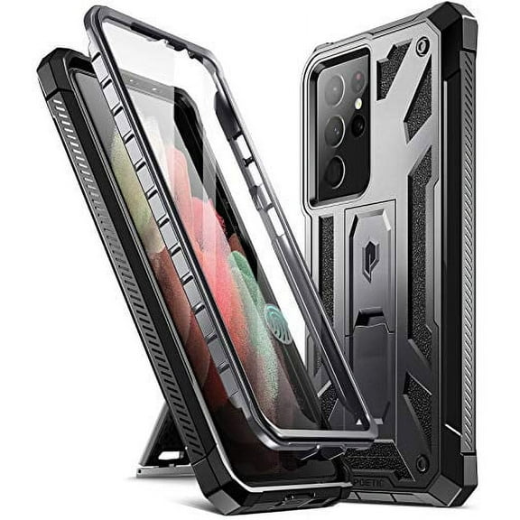 Poetic Spartan Case for Galaxy S21 Ultra 5G, Full Body Rugged Case with Kickstand (Work w/ Fingerprint ID), Metallic Gun Metal