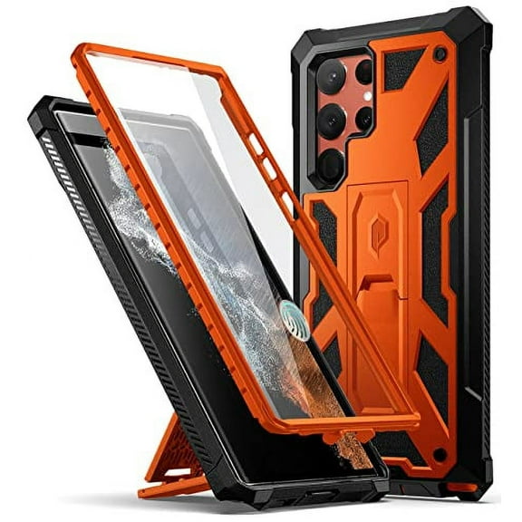 Poetic Spartan Case for Galaxy S22 Ultra 5G, Full Body Rugged Case with Kickstand, Metallic Orange
