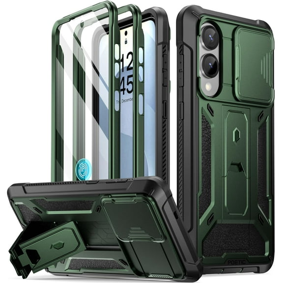 Poetic Spartan Case for Galaxy S25 Edge 5G 6.7" 2025, [Slide Camera Cover] [Screen Protector Works with Fingerprint ID] , Metallic Green