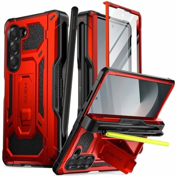 Poetic Spartan Case for Galaxy Z Fold 6 [Hinge Protection][Kickstand] Metallic Red