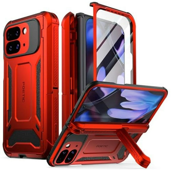 Poetic Spartan Case for Google Pixel 9 Pro Fold 5G, [Hinge Protection][Kickstand], Metallic Red