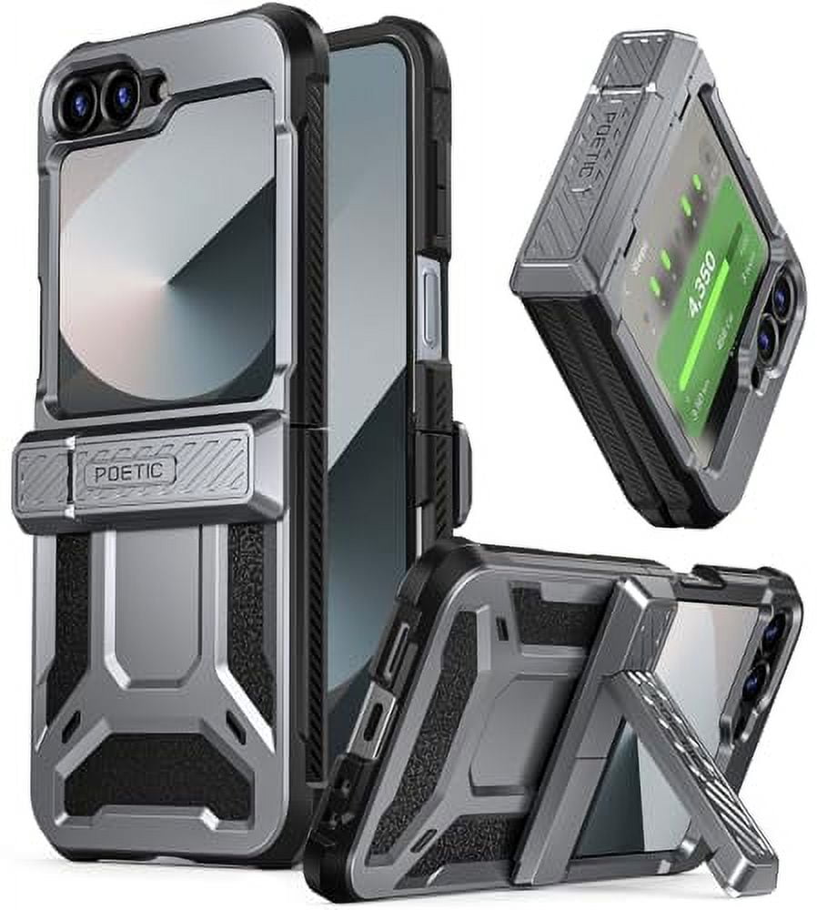 Poetic Spartan Case for Galaxy Z Flip 7 FE 5G (2025) and Galaxy Z Flip 6 5G (2024), [Kickstand][Built-in Screen Protector][Hinge Protection][20FT Drop Tested], Full-Body Cover, Metallic Gun Metal