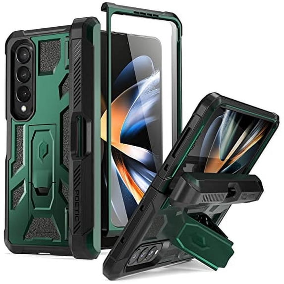 Poetic Spartan Case for Samsung Galaxy Z Fold 4, Full Body Rugged Case with Kickstand, Metallic Green