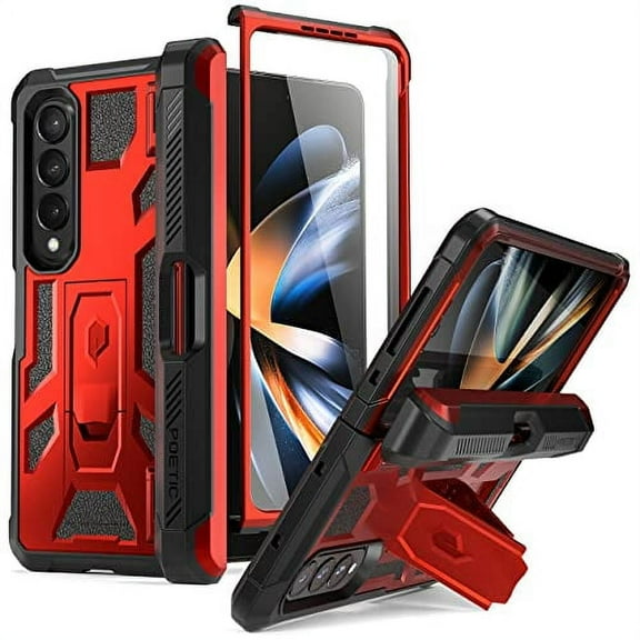 Poetic Spartan Case for Samsung Galaxy Z Fold 4, Full Body Rugged Case with Kickstand, Metallic Red