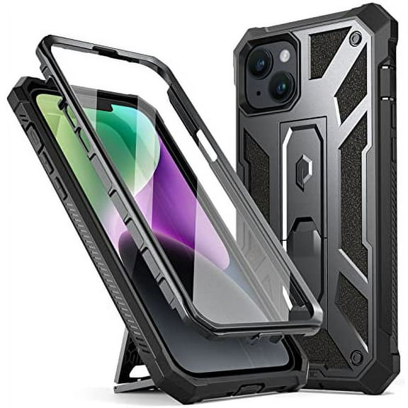 Poetic Spartan Case for iPhone 14 Plus, Full Body Rugged Case with Kickstand, Metallic Gun Metal