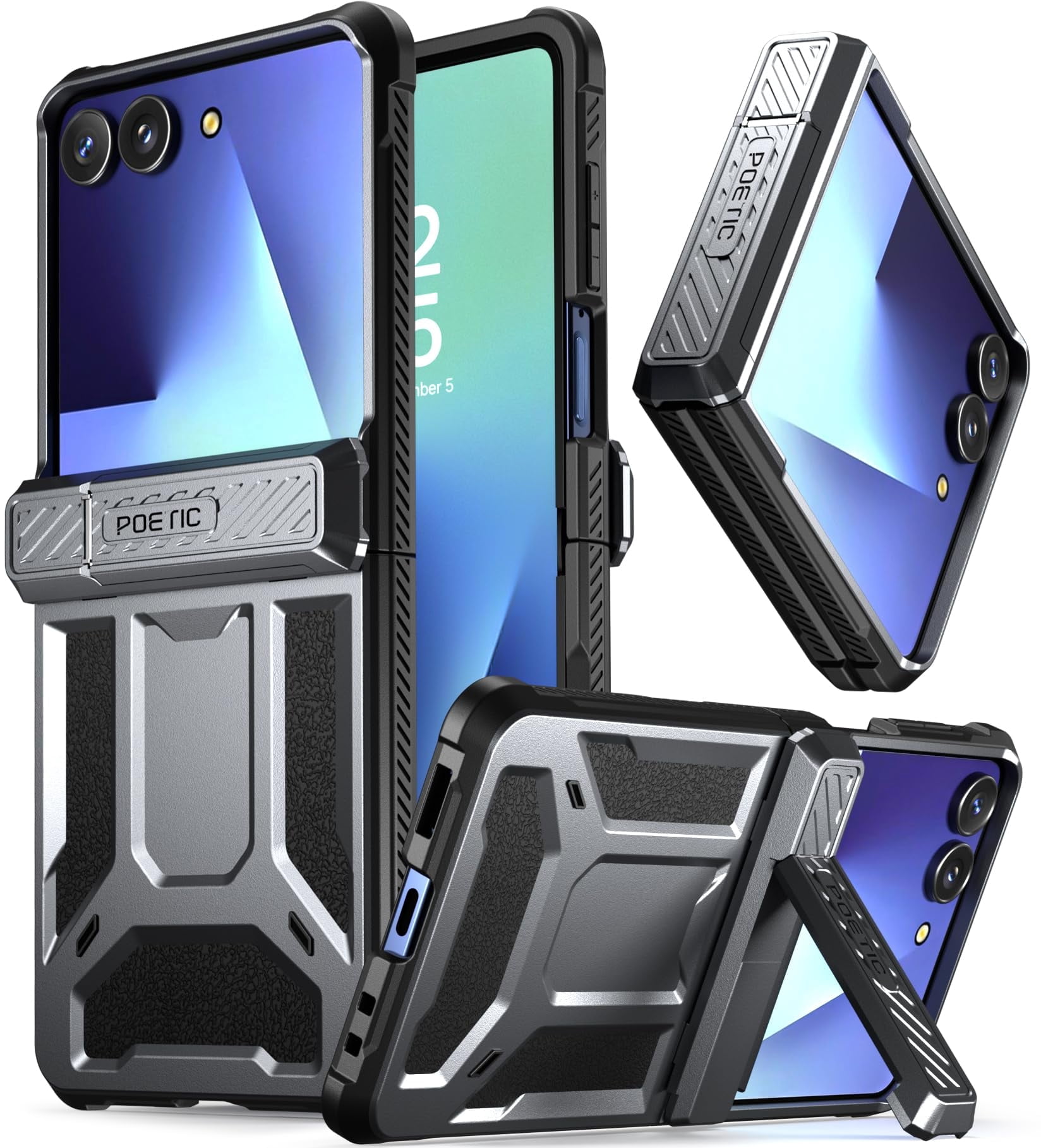 Poetic Spartan for Samsung Galaxy Z Flip 7 Case, [Kickstand] [Hinge Protection] [20FT Mil-Grade Drop Tested], Full-Body Rugged Shockproof Protective Phone Cover for Galaxy Z Flip7, Metallic Gun Metal