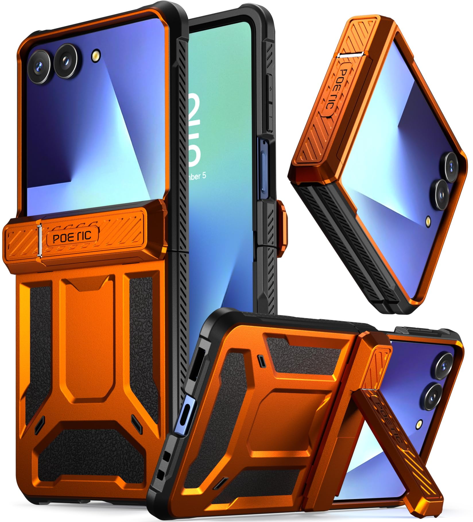 Poetic Spartan for Samsung Galaxy Z Flip 7 Case, [Kickstand] [Hinge Protection] [20FT Mil-Grade Drop Tested], Full-Body Rugged Shockproof Protective Phone Cover for Galaxy Z Flip7, Metallic Orange