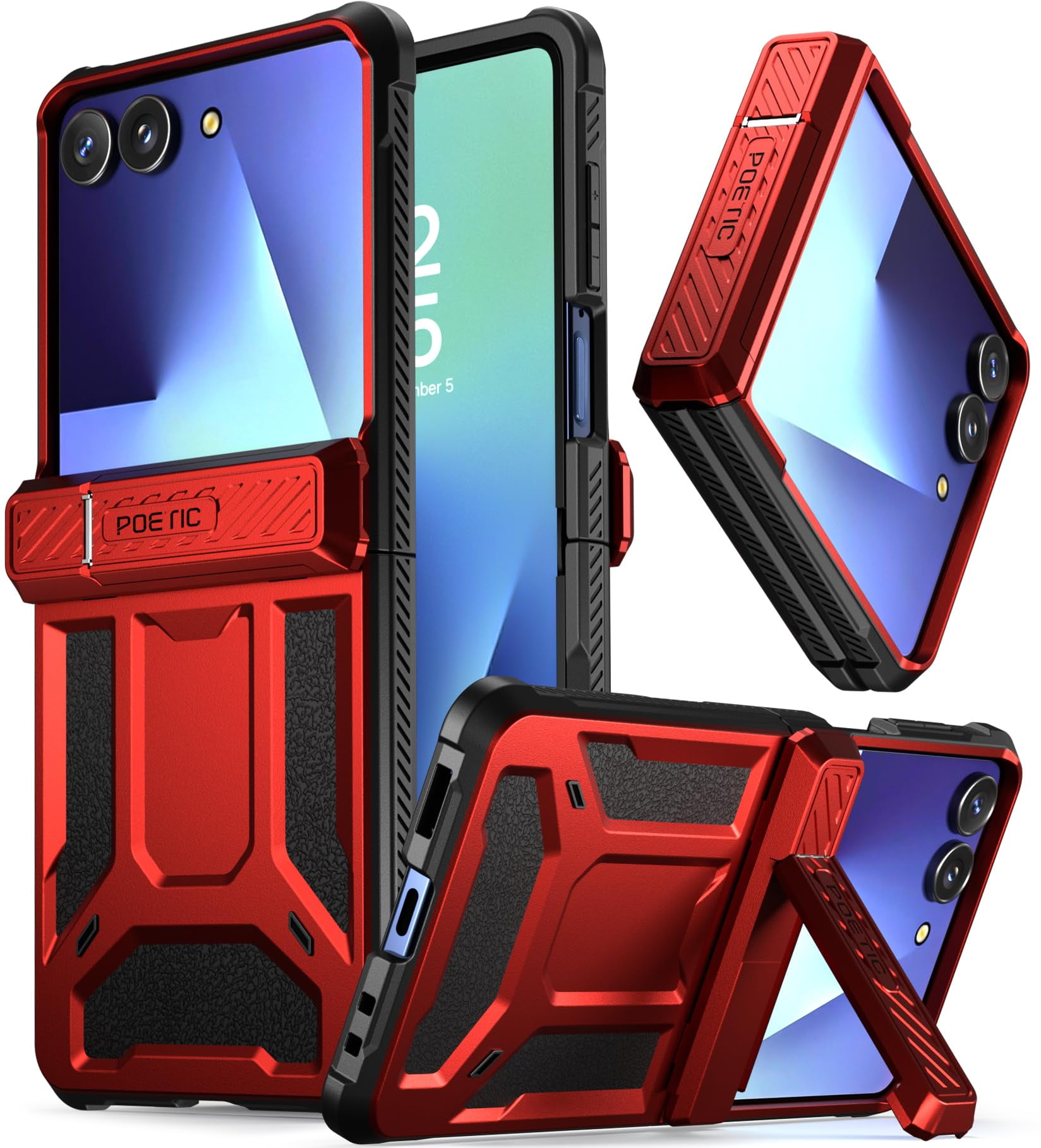 Poetic Spartan for Samsung Galaxy Z Flip 7 Case, [Kickstand] [Hinge Protection] [20FT Mil-Grade Drop Tested], Full-Body Rugged Shockproof Protective Phone Cover for Galaxy Z Flip7, Metallic Red