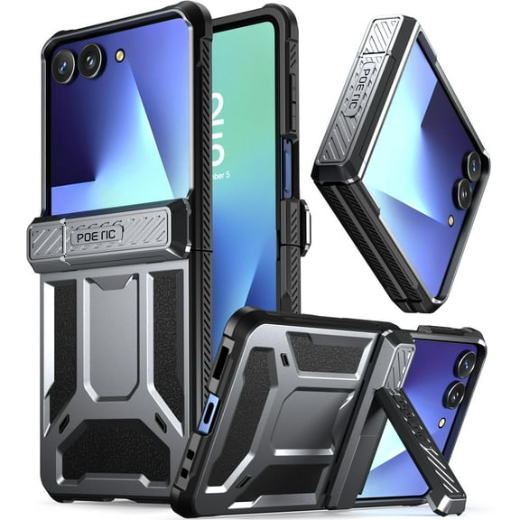Poetic Spartan for Samsung Galaxy Z Flip 7 Case, [Kickstand] [Hinge Protection] [20FT Mil-Grade Drop Tested], Full-Body Rugged Shockproof Protective Phone Cover for Galaxy Z Flip7, Metallic Gun Metal