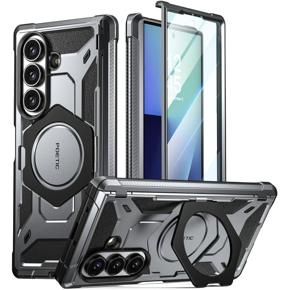 Poetic Spartan for Samsung Galaxy Z Fold 7 Case, [Hinge Protection][Magnetic Ring Adjustable Stand][Built-in Screen Protector][Compatible with MagSafe] Full-Body Rugged Phone Case, Metallic Gun Metal