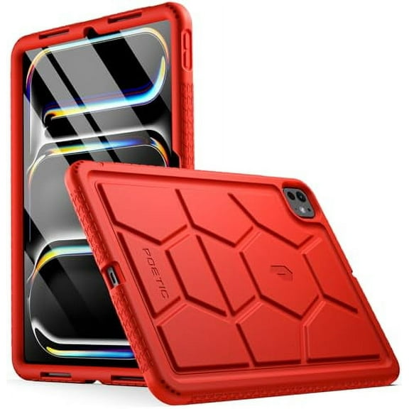Poetic TurtleSkin Case for iPad Pro 11 Inch 2024 M4 5th Gen, Heavy Duty Shockproof Rugged Kids Friendly Drop Protection Silicone Cover Case, Red