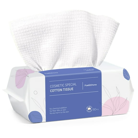 PoeticEHome Cotton Face Dry Wipes 80pcs - Extra Thick Disposable Cleansing Towel, Facial Cleaning Tissue Cloths