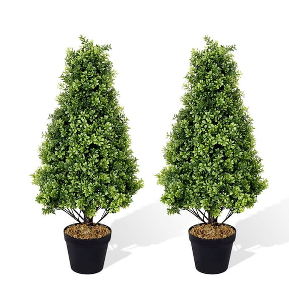 Poetree 2.5ft Topiary Trees Artificial Outdoor 2 Pack 30 Inch Faux Boxwood Tower Plants Outside Set of 2 Fake Bushes and Shrubs for Front Door Porch