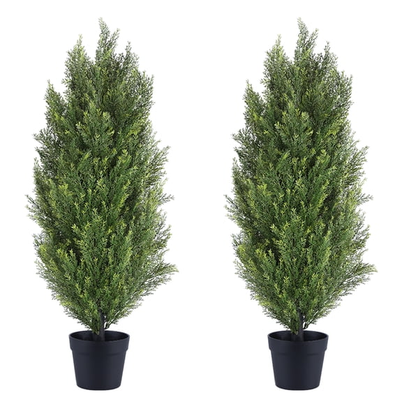 Poetree 2 Pack 3FT Topiary Artificial Faux Cedar Tree Plant Potted Indoor or Outdoor UV Protection Plastic Tree