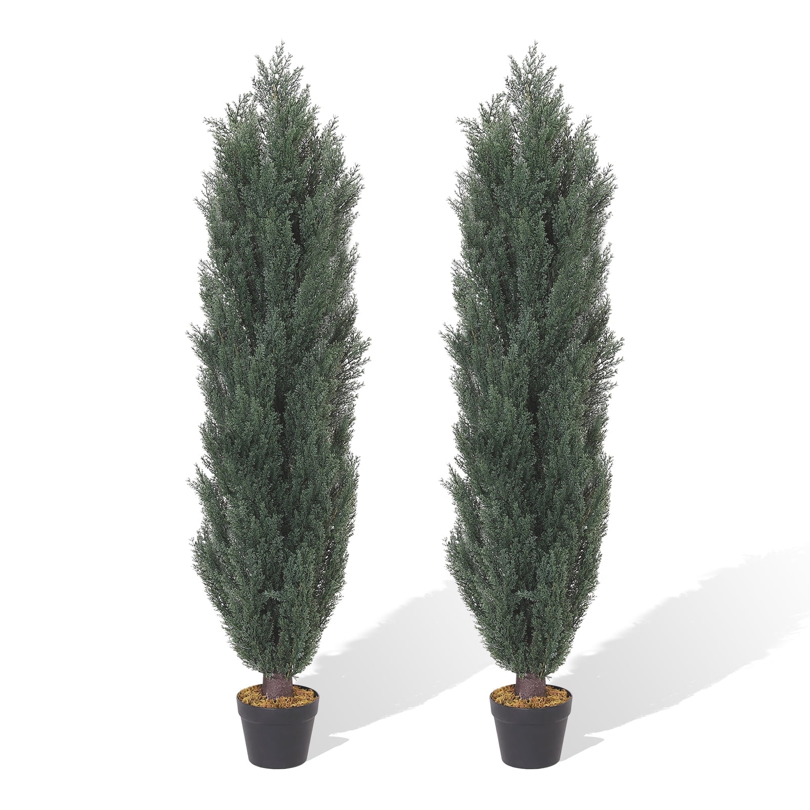 59" Dark Green Cedar Artificial Topiary Trees in Black Cement Pots, Set of 2
