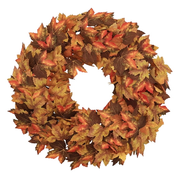 Poetree 20 inch Artificial Maple Leaf Fall Wreath, Autumn Thanksgiving Front Door Decor, Orange Red Leaf Wreath for Home Wall Fireplace Porch