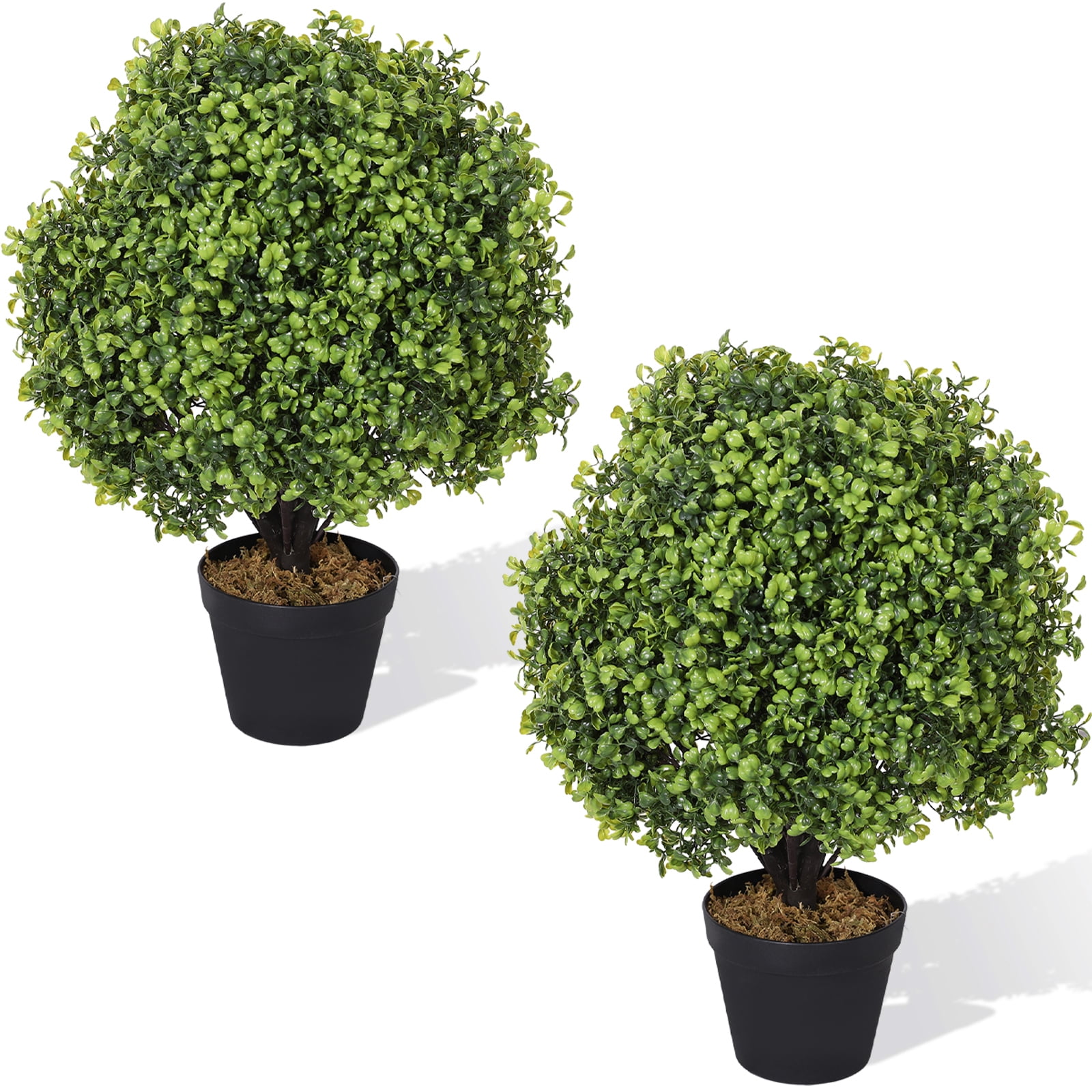 24" Green Plastic Boxwood Topiary Trees with Black Planters, Set of 2