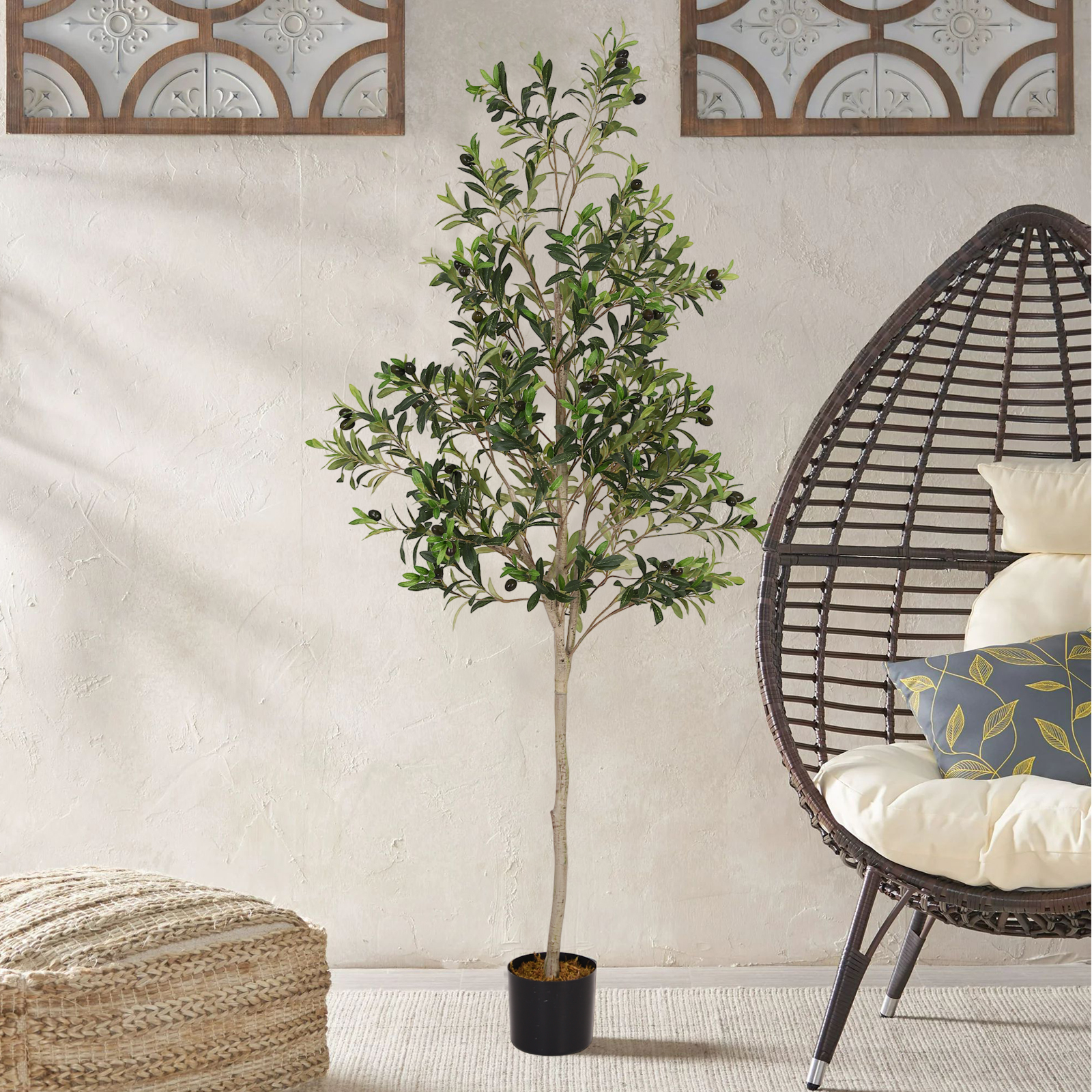 Poetree 6ft Artificial Olive Tree 72 inch Tall Fake Potted Olive Silk Tree Large Faux Olive Branches and Fruits, Size: 71, Green