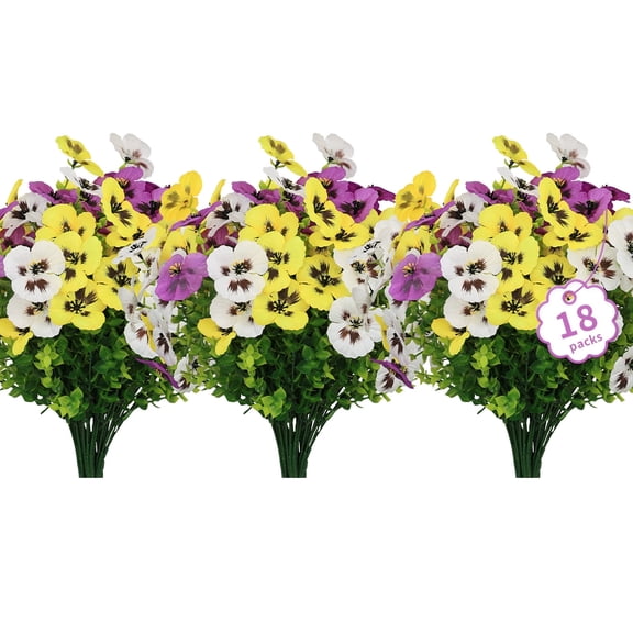 Poetree Outdoor Artificial Pansy Flowers UV Resistant, 18 Bundles Faux Silk Flower Bushes for Planters, Porch, Patio, Garden and Window Box Decor
