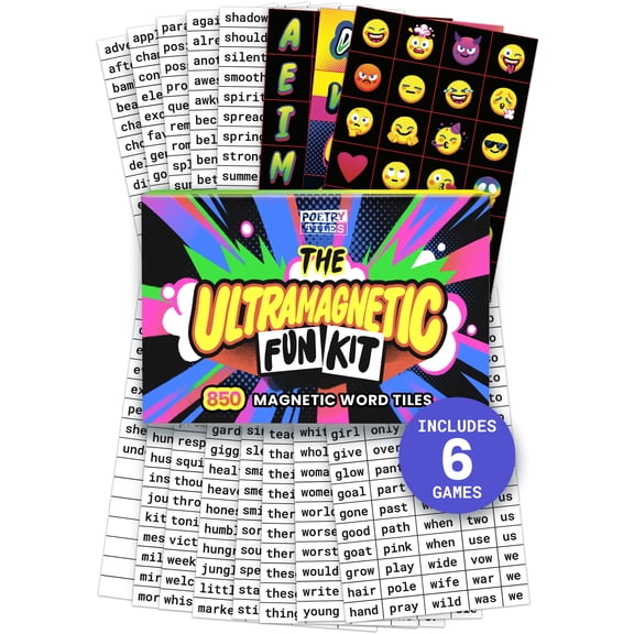 Poetry Tiles Ultramagnetic Fun Kit - Includes 6 Funny Fridge Poetry Games for Friends and Family - 700+ Words Magnets, Emojis, Header Tiles, Black Board, Liquid Chalk Pen, and Storage Bag
