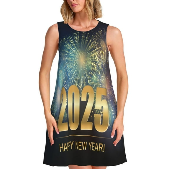 Pofeuu 2025 New Year 5 Print Women's Sleeveless Dress, Loose Fit Summer Dress, Casual Tank Dress for Women