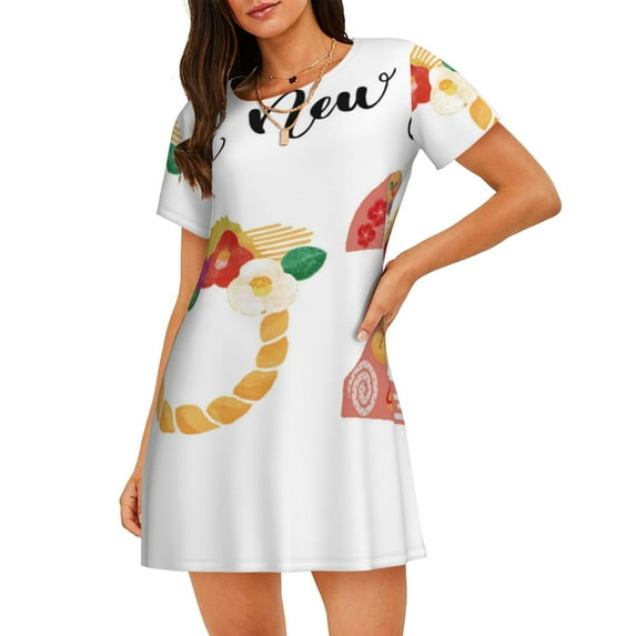 Pofeuu 2025 New Year'S Print Women's Loose Fit Short Sleeve Nightgown, Comfortable Sleep Dress for Women, Casual Lounge Sleepwear, Soft Cotton Sleep Dress
